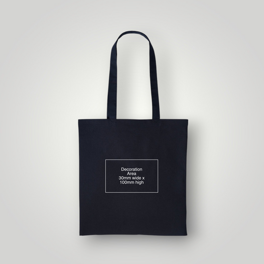 Black cotton tote bag with dimensions – custom logo print – branded promotional merchandise UK