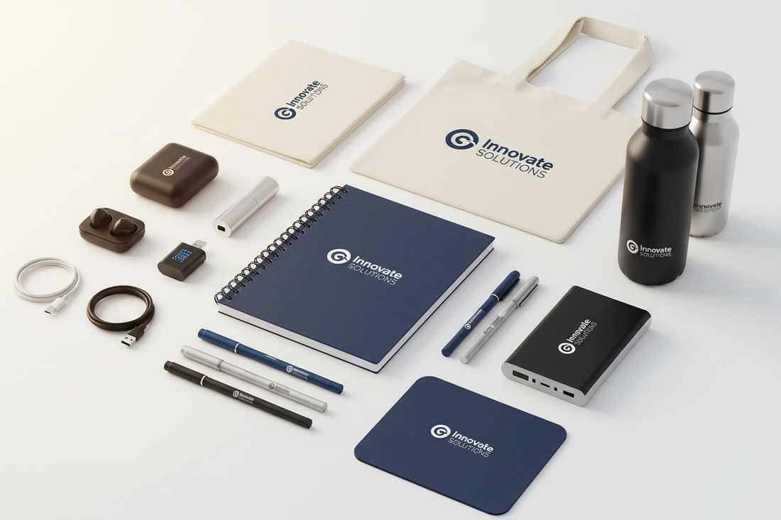 "Branded promotional products including notebooks, pens and tote bags with company logos"