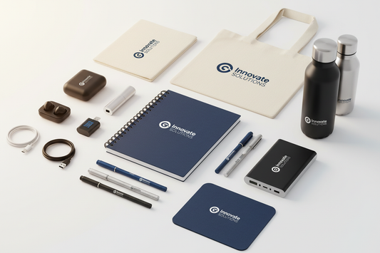 "Branded promotional products including notebooks, pens and tote bags with company logos"