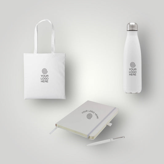 Branded water bottle and tote bag side by side showing logo print options for promotional merchandise