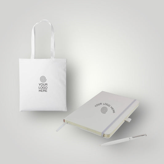 Corporate new starter welcome pack with branded notebook, water bottle, and tote bag arranged as an onboarding gift set
