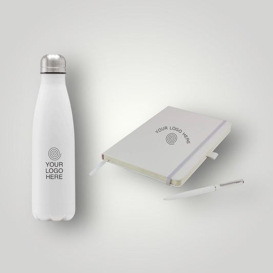 Branded merchandise supplier brief template with logo artwork and product samples laid out on a desk ready for a corporate order