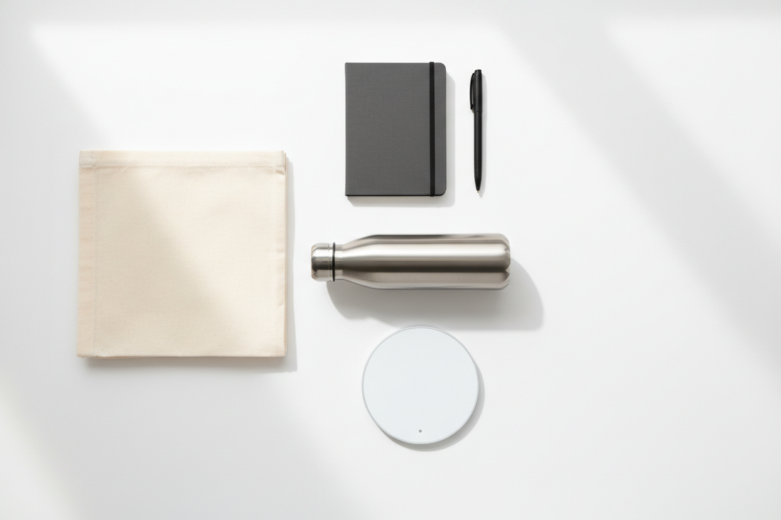 Branded exhibition giveaways including insulated water bottle, tote bag, A5 notebook and wireless charger on a white surface