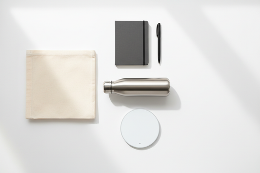 Branded exhibition giveaways including insulated water bottle, tote bag, A5 notebook and wireless charger on a white surface