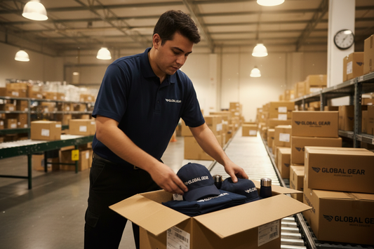 Branded merchandise being packed and dispatched quickly for an urgent event order in a UK fulfilment centre
