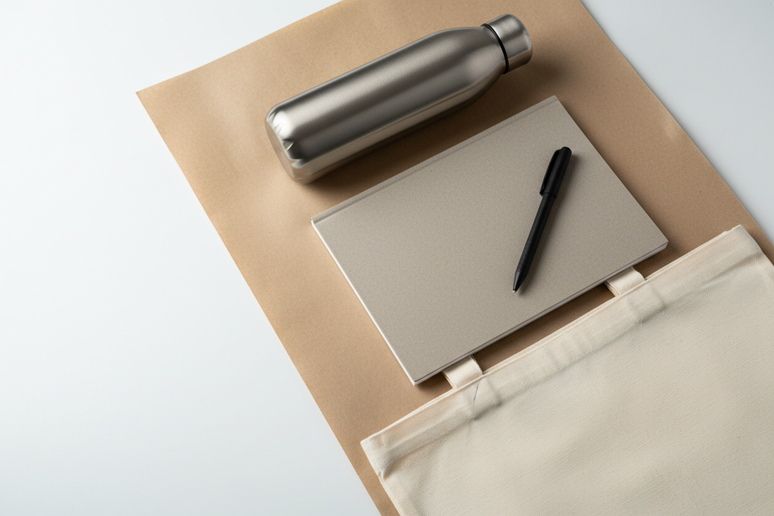 Branded corporate merchandise including water bottle, notebook, pen and tote bag arranged on a white surface ready for dispatch