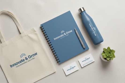Flat lay of branded merchandise for small businesses including a notebook, water bottle, and tote bag on a neutral background