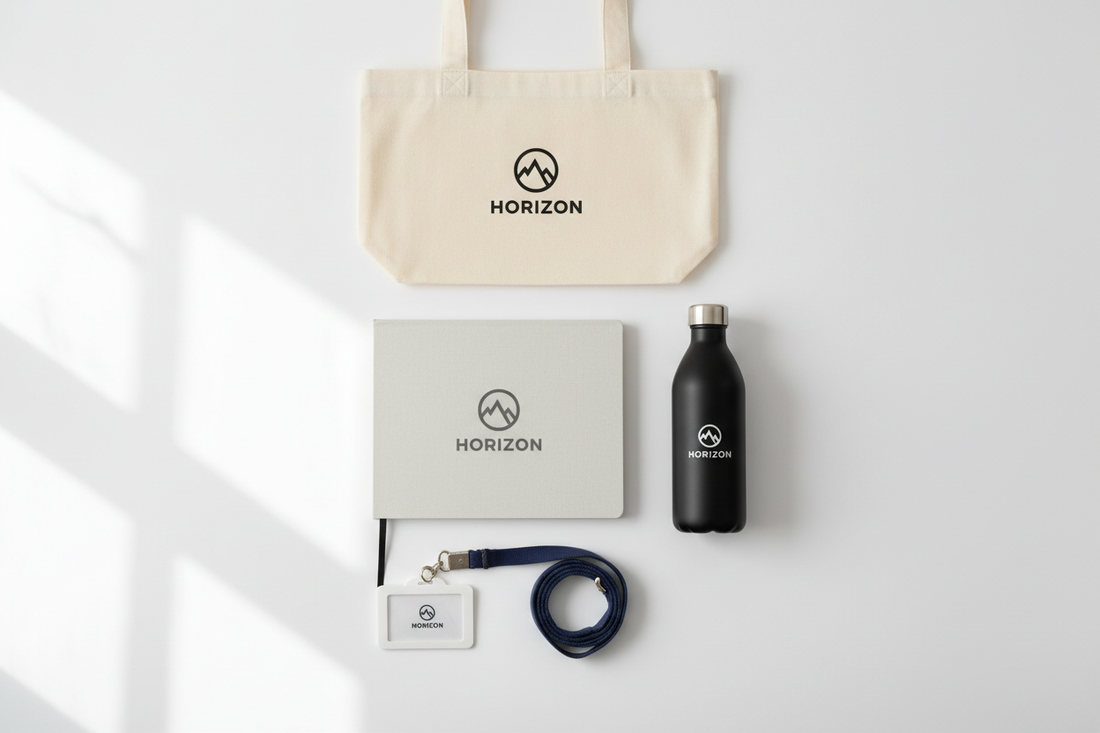 Flat lay of branded promotional products including a notebook, water bottle, tote bag and lanyard on a white surface
