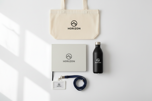 Flat lay of branded promotional products including a notebook, water bottle, tote bag and lanyard on a white surface