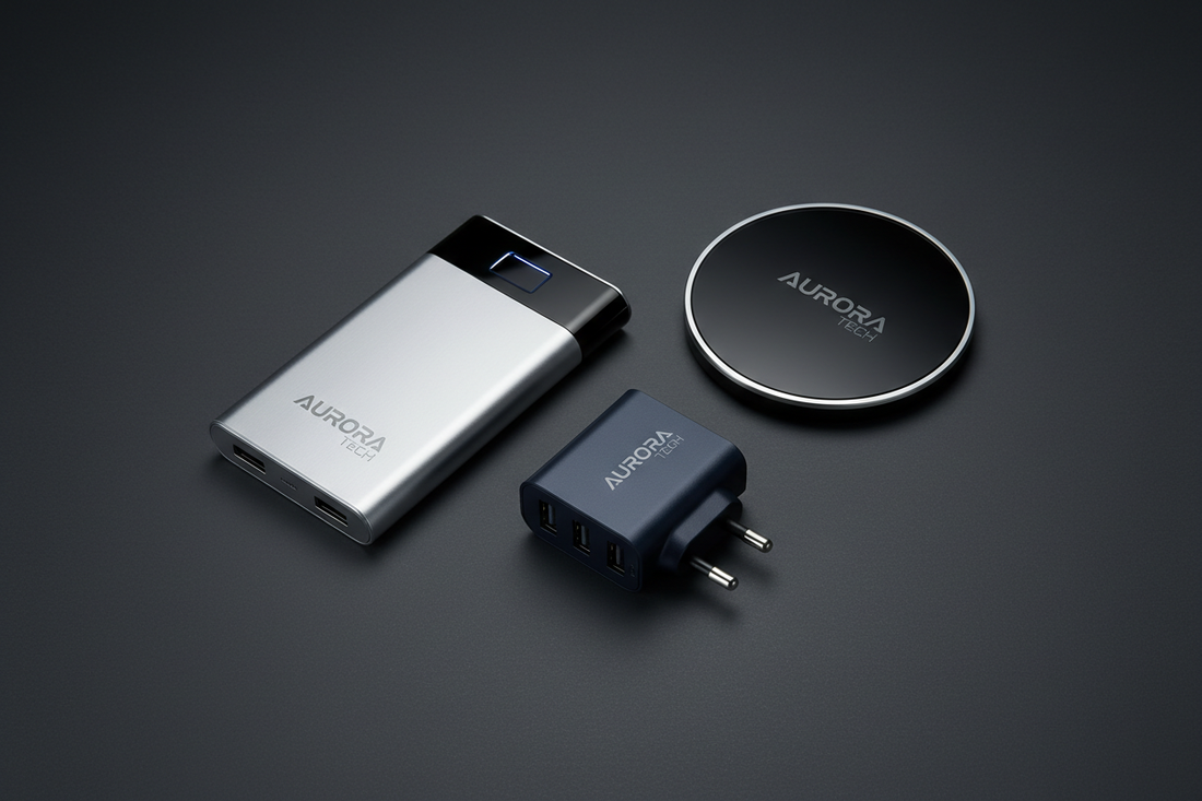 Branded tech accessories for corporate gifts including a power bank, wireless charger, and travel adapter on a dark background