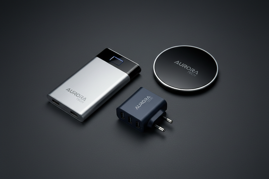 Branded tech accessories for corporate gifts including a power bank, wireless charger, and travel adapter on a dark background