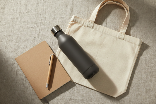 Eco-friendly corporate gifts flat lay including recycled water bottle, cotton tote bag, notebook and pen on a natural linen surface