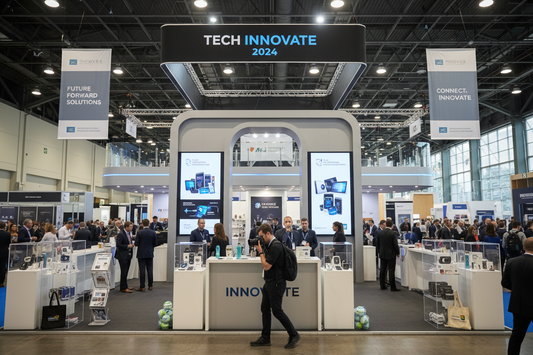 "Branded exhibition stand with promotional merchandise displays at a trade show"