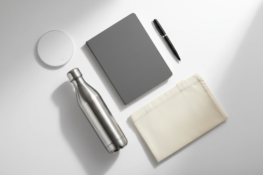 Branded new starter welcome pack with notebook, pen, water bottle, tote bag and wireless charger on a white desk