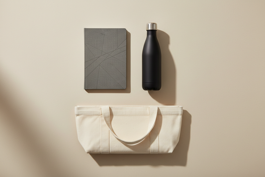 Small run branded merchandise including a notebook, water bottle and tote bag, produced in the UK with fast turnaround from Last Minute Swag.