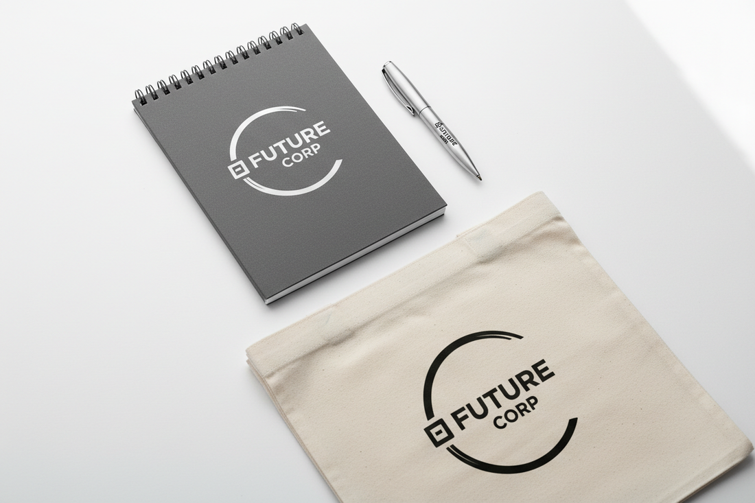 Flat lay of small quantity branded merchandise including a notebook, pen, and tote bag on a white background