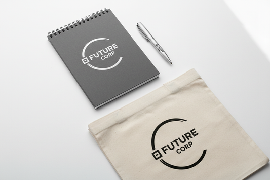 Flat lay of small quantity branded merchandise including a notebook, pen, and tote bag on a white background