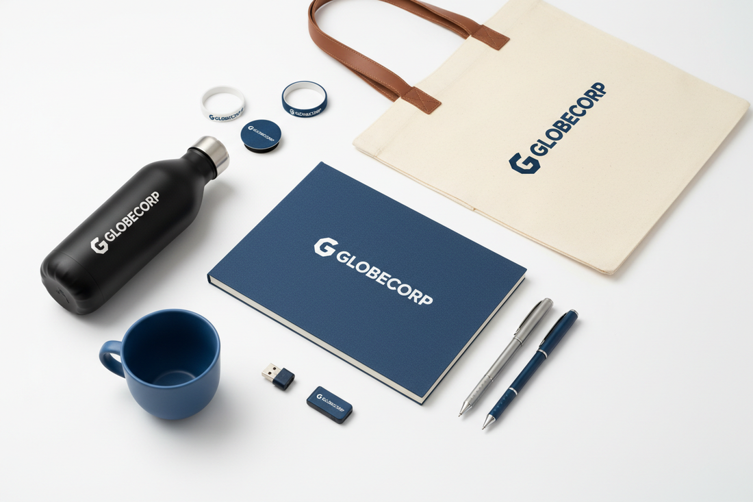 "Corporate gift branded merchandise flat lay with promotional products"