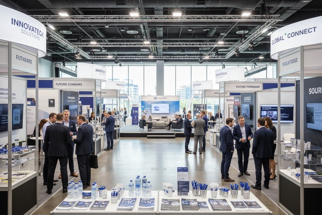 Busy trade show exhibition floor with branded merchandise on display tables and people networking