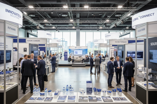 Busy trade show exhibition floor with branded merchandise on display tables and people networking