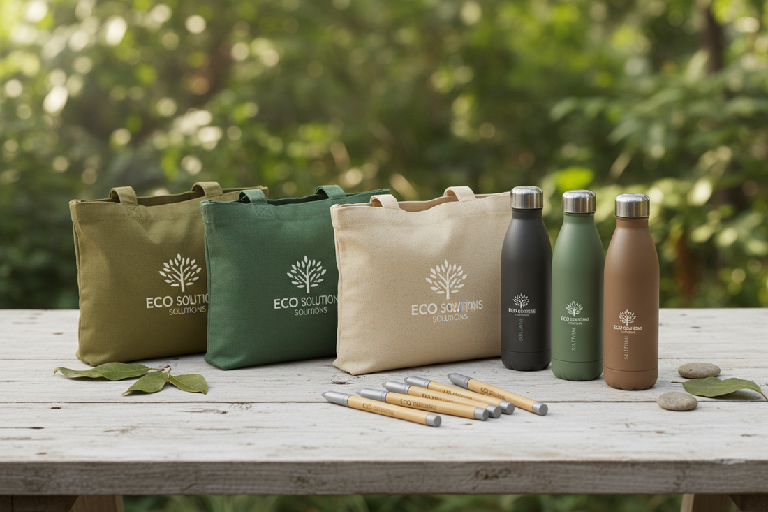 "Eco-friendly branded merchandise including recycled tote bags and bamboo pens"