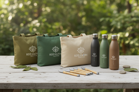 "Eco-friendly branded merchandise including recycled tote bags and bamboo pens"