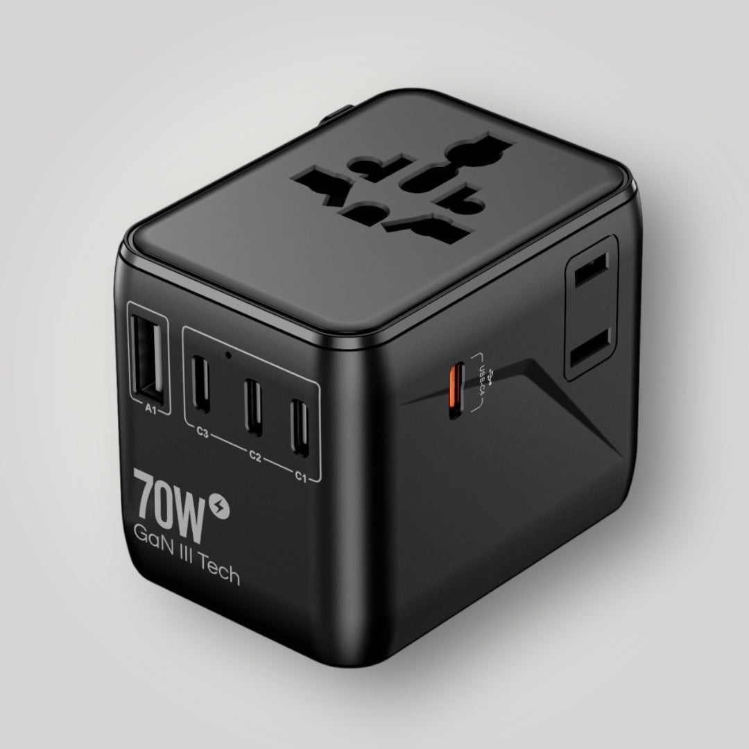 GAN 70W universal adapter close-up – logo printed promotional merchandise UK