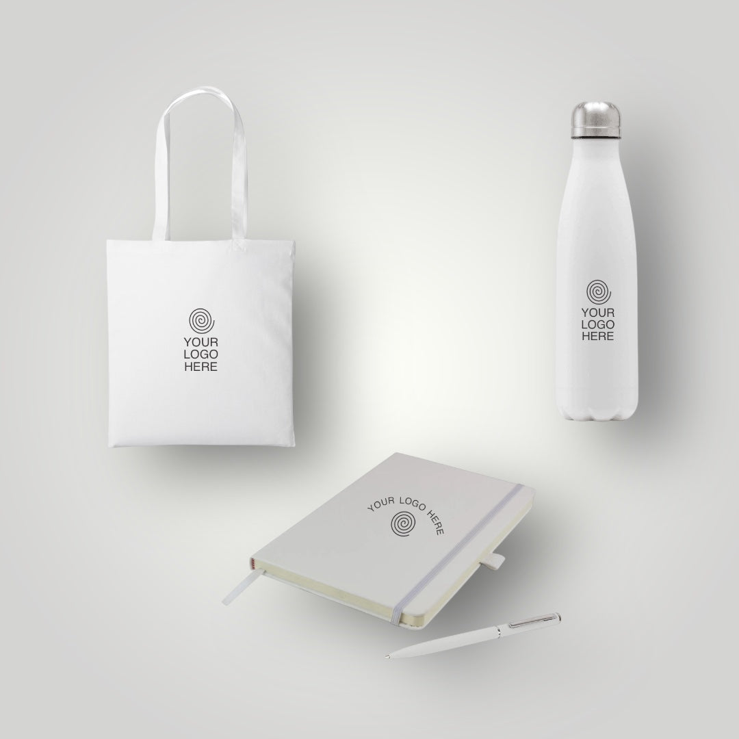 Branded value bundle – A5 notebook, ballpen, water bottle and tote bag – corporate gift set – Last Minute Swag
