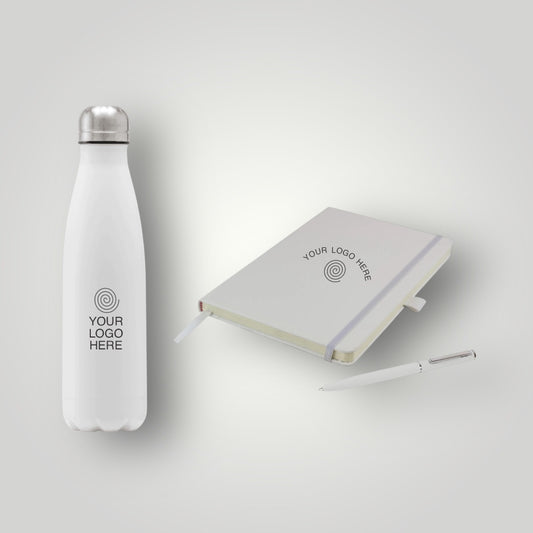 Branded value bundle – A5 notebook, ballpen and insulated bottle – corporate gift set – Last Minute Swag